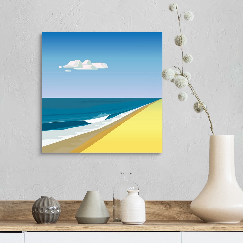 A farmhouse room featuring A simple, clean illustration of waves on a beach and a single cloud.