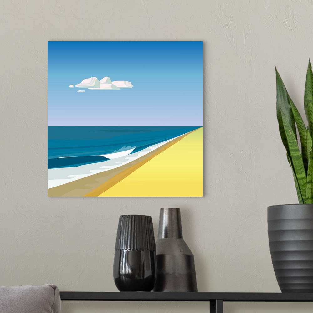 A modern room featuring A simple, clean illustration of waves on a beach and a single cloud.