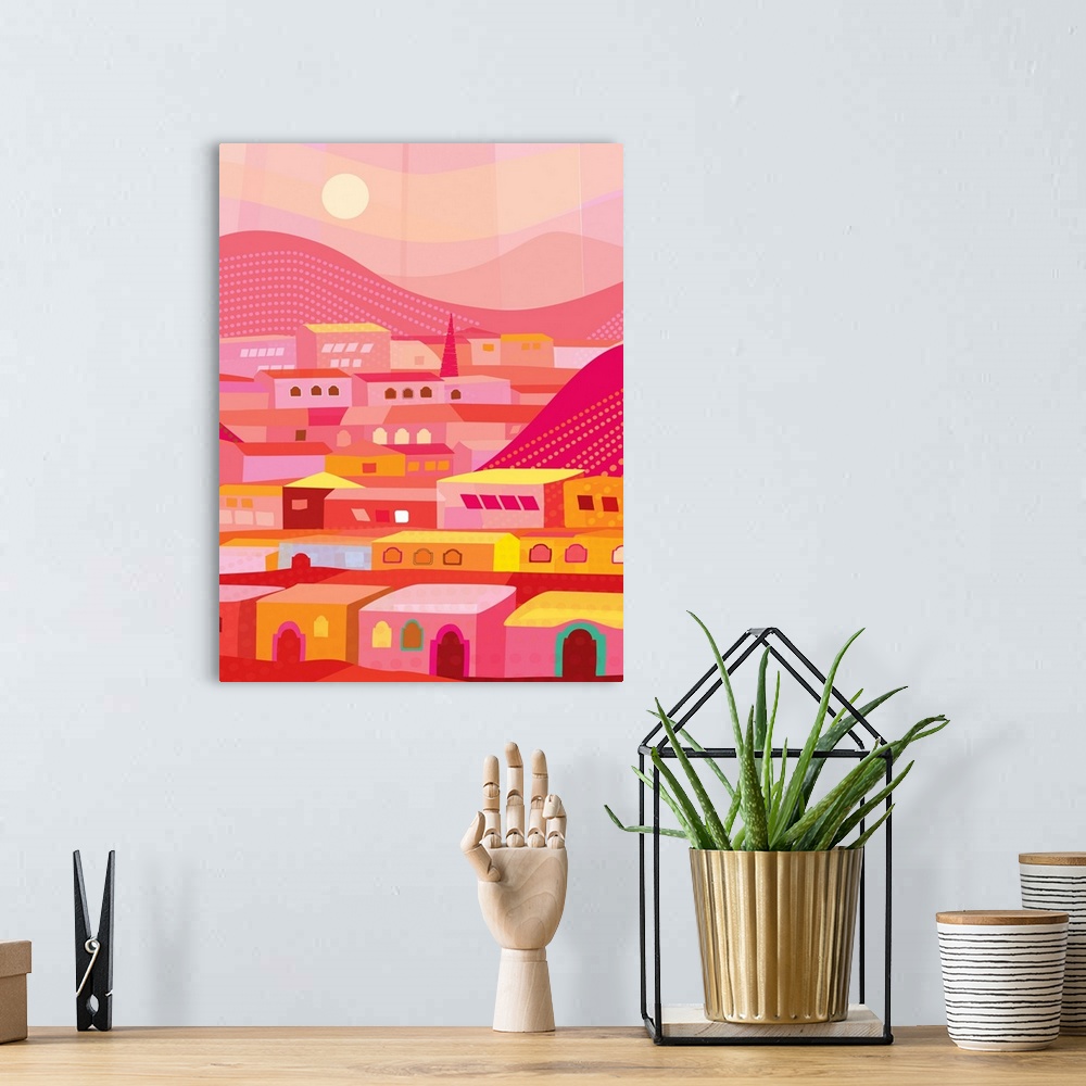 A bohemian room featuring Colorful illustration of the city of San Miguel in the state of Guanajuato in Mexico.