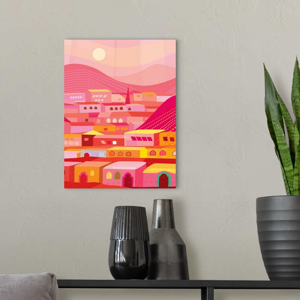 A modern room featuring Colorful illustration of the city of San Miguel in the state of Guanajuato in Mexico.