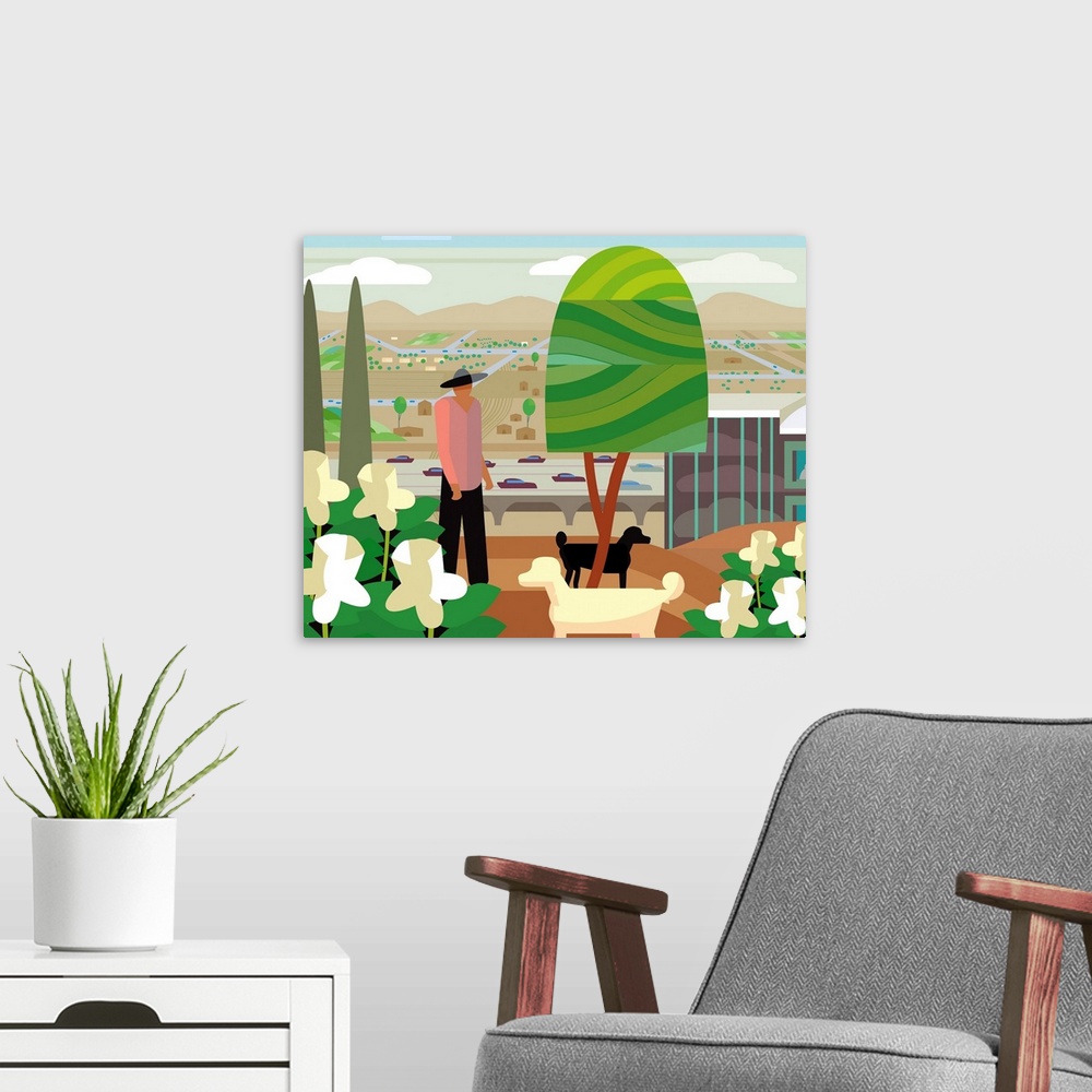A modern room featuring Scenic view of city and farms in the distance.