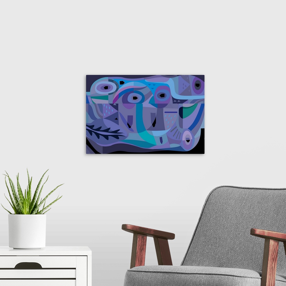 A modern room featuring A digital abstract design with circular shapes in vibrant shades of purple.