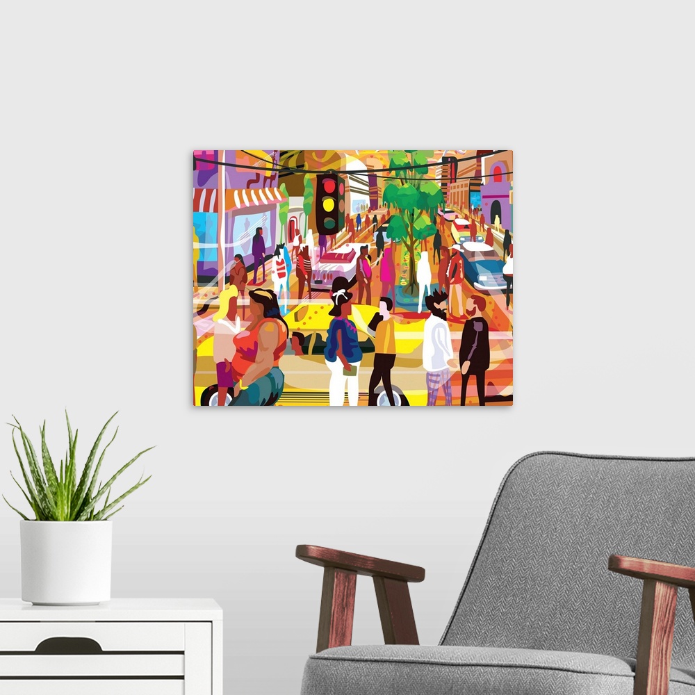 A modern room featuring Really busy street full of cosmopolitan life in sunny place with bright colors, Interesting chara...
