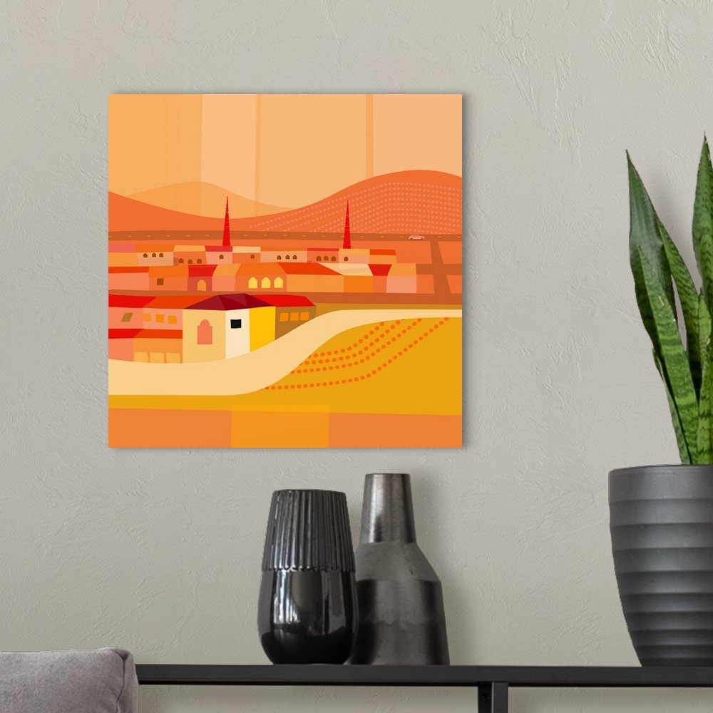 A modern room featuring Vibrant modern illustration of Sonoita, AZ in various shades of orange and yellow.