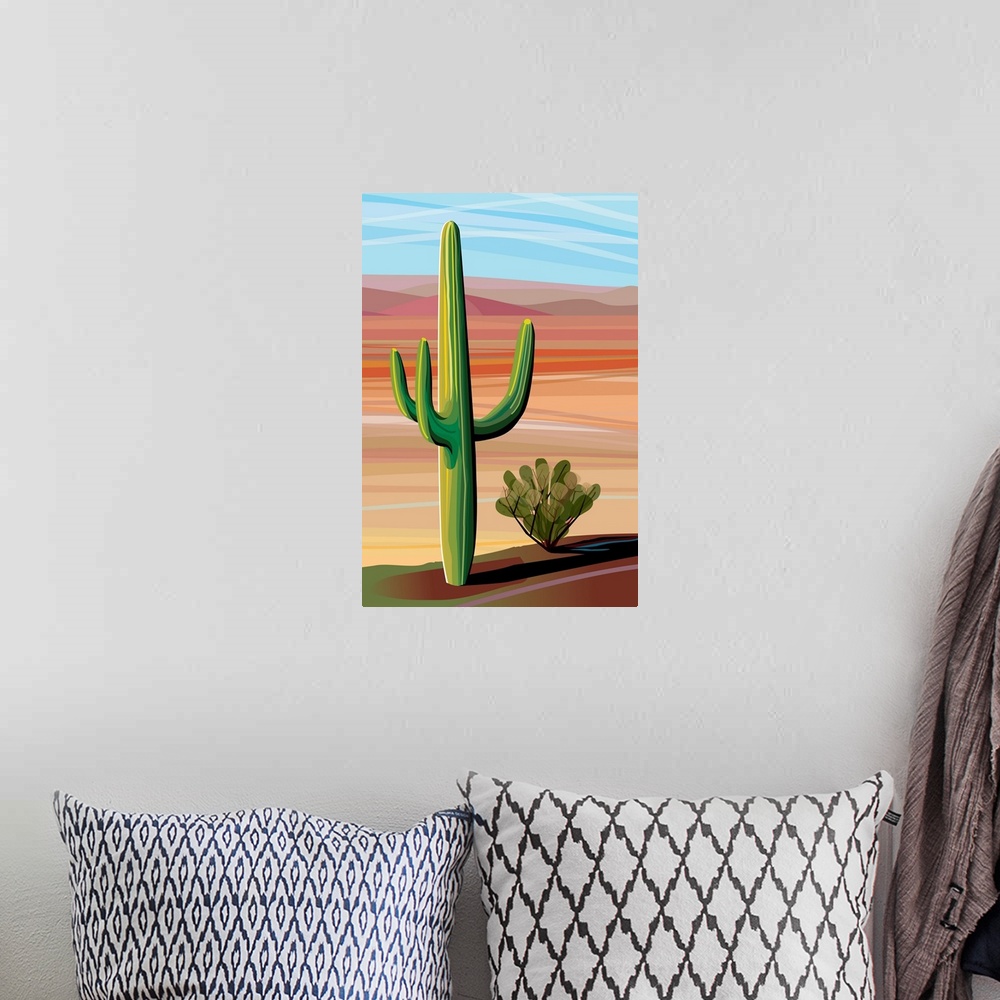 A bohemian room featuring Digital illustration of two different cacti in the middle of the desert.
