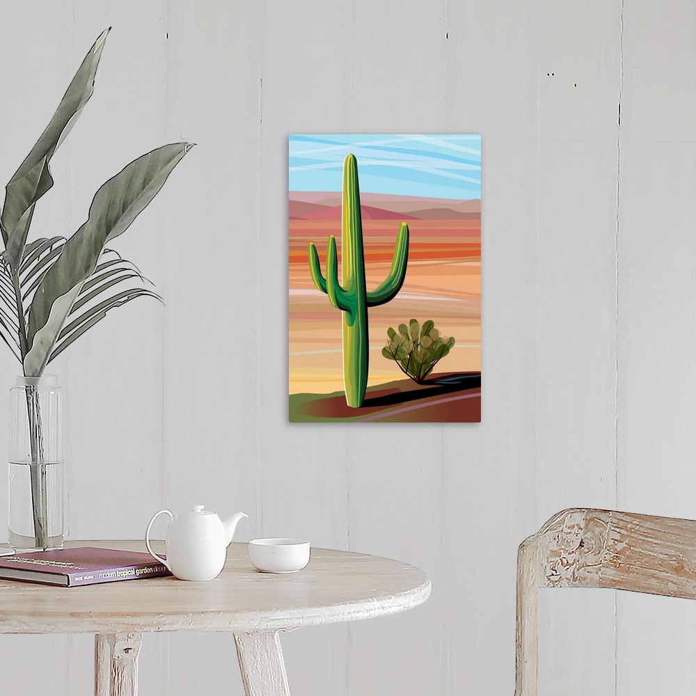 A farmhouse room featuring Digital illustration of two different cacti in the middle of the desert.