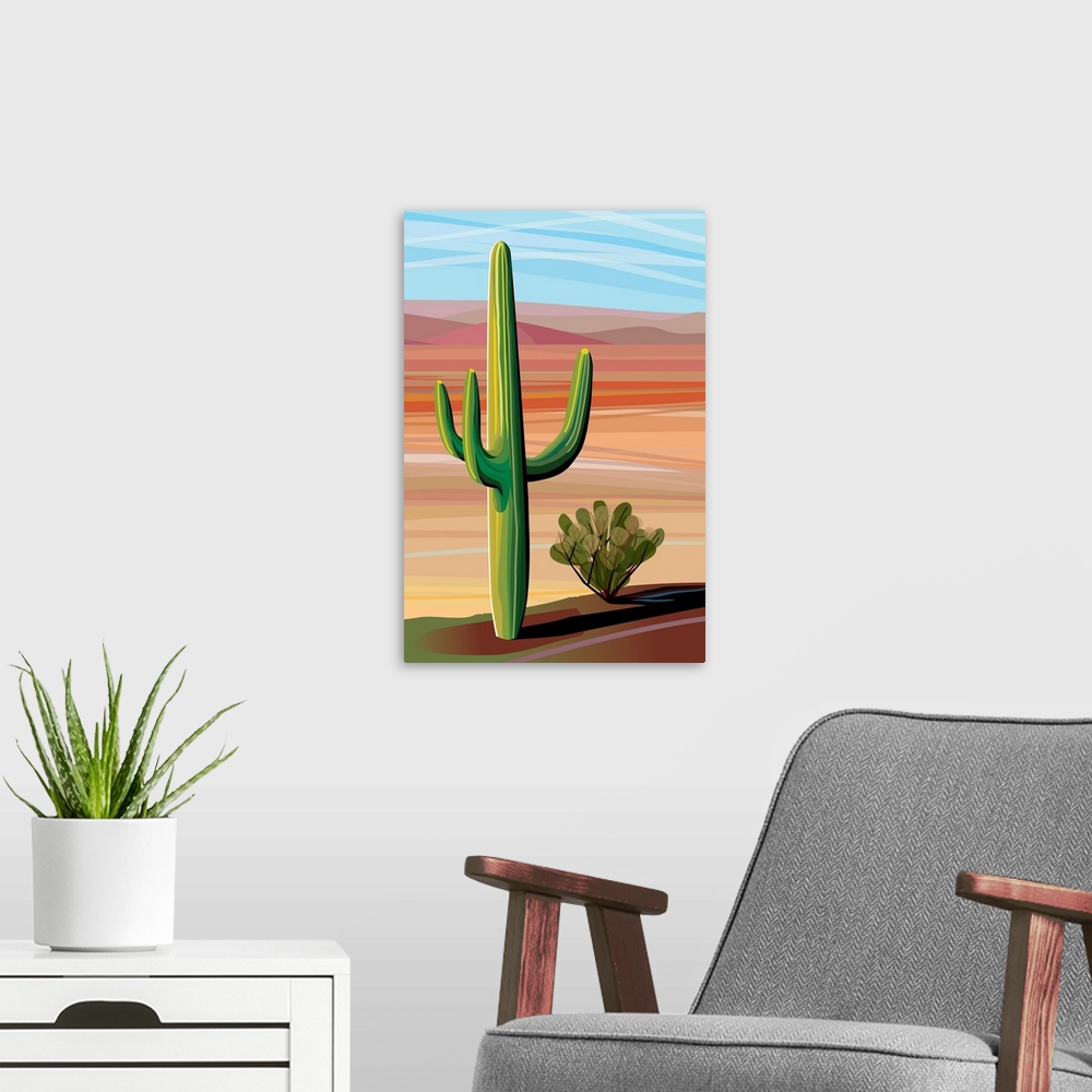 A modern room featuring Digital illustration of two different cacti in the middle of the desert.