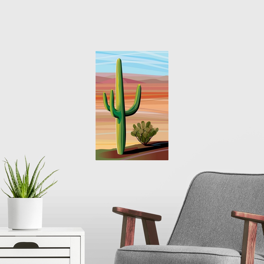 A modern room featuring Digital illustration of two different cacti in the middle of the desert.