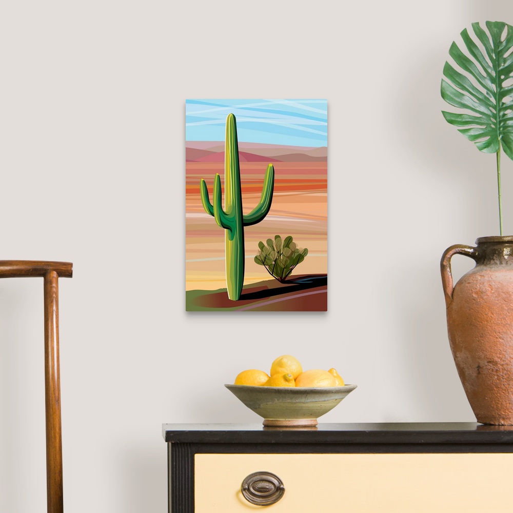 A traditional room featuring Digital illustration of two different cacti in the middle of the desert.