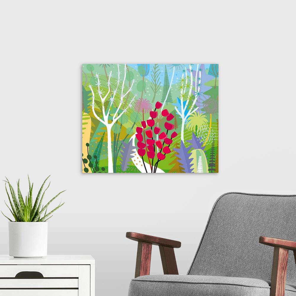 A modern room featuring Garden with spring colors and mood,illustration and painting.