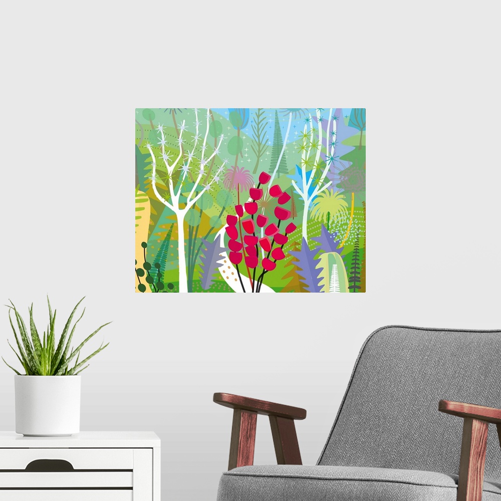 A modern room featuring Garden with spring colors and mood,illustration and painting.
