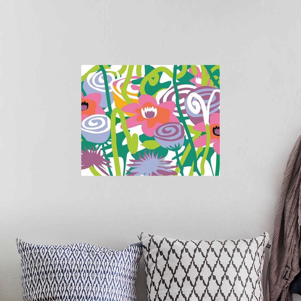 A bohemian room featuring Active illustration of colorful light flowers and stems.