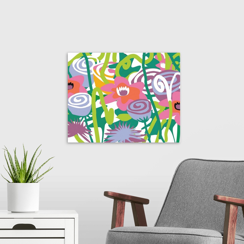 A modern room featuring Active illustration of colorful light flowers and stems.