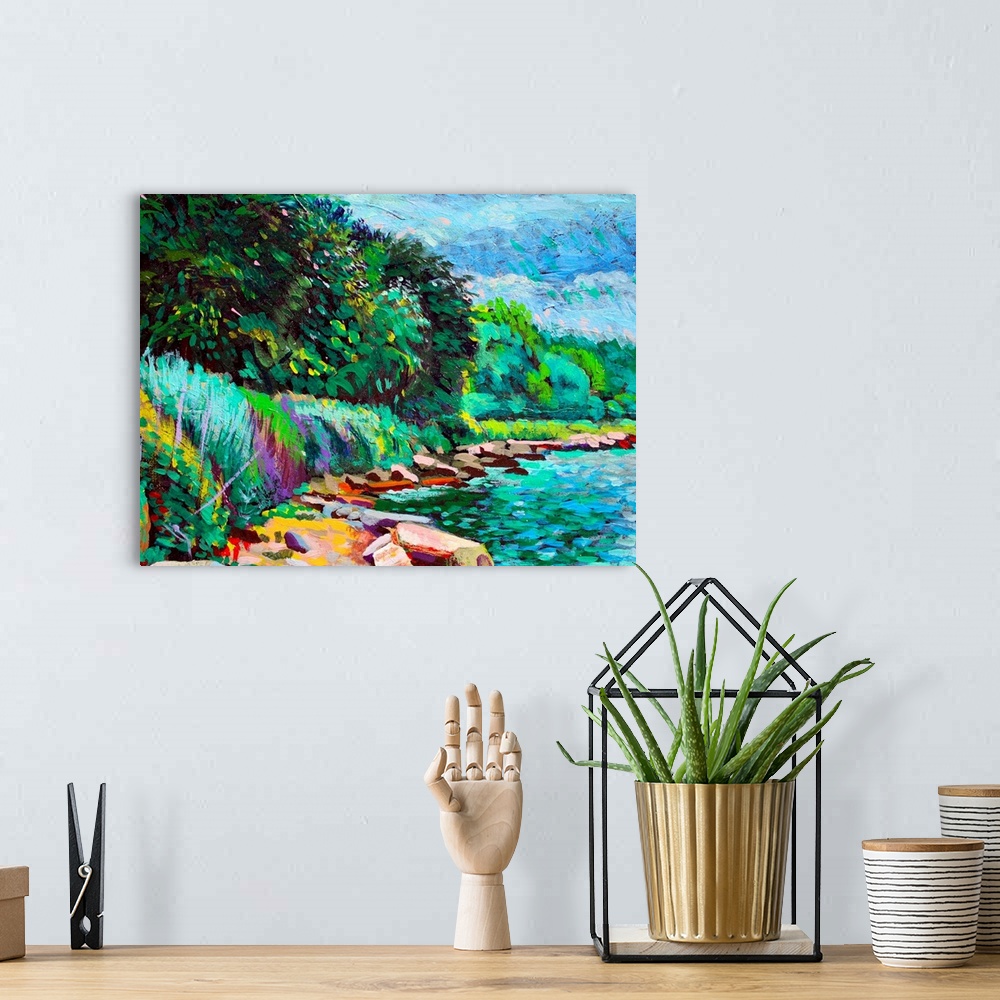 A bohemian room featuring This contemporary artwork is a painting of a natural stretch of shoreline in summertime along Hud...
