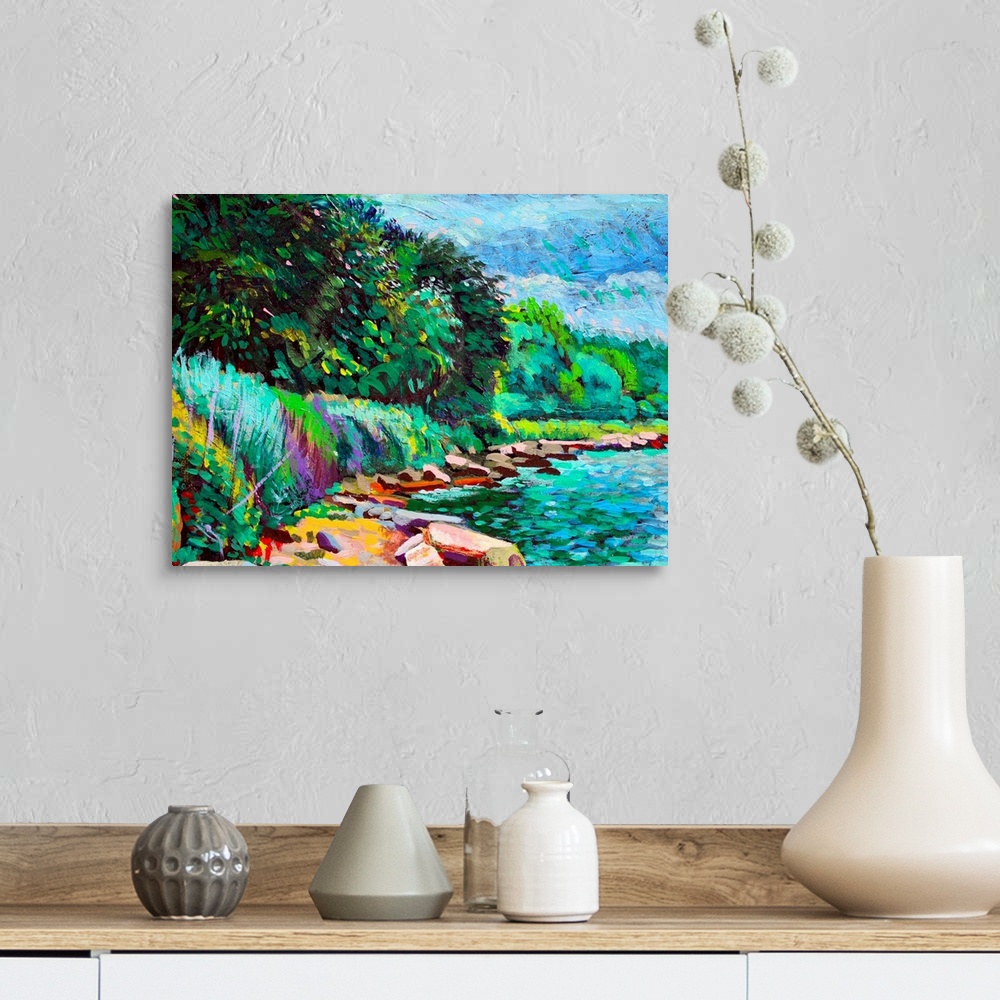 A farmhouse room featuring This contemporary artwork is a painting of a natural stretch of shoreline in summertime along Hud...