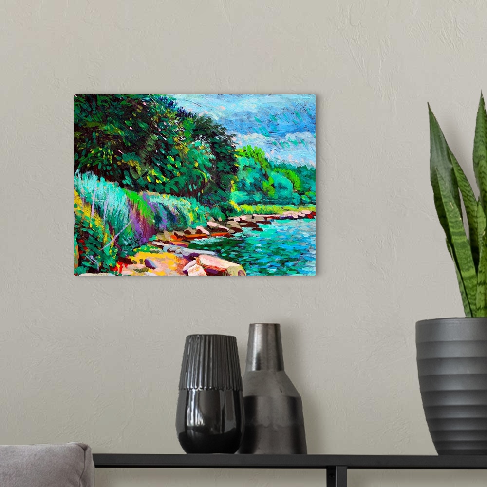 A modern room featuring This contemporary artwork is a painting of a natural stretch of shoreline in summertime along Hud...