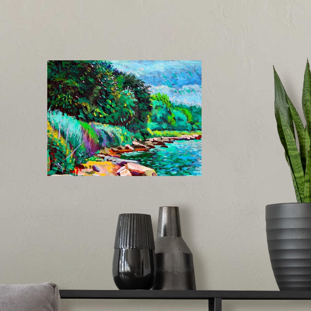 A modern room featuring This contemporary artwork is a painting of a natural stretch of shoreline in summertime along Hud...