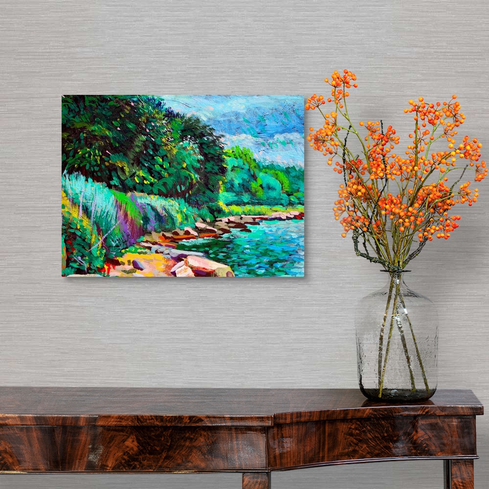 A traditional room featuring This contemporary artwork is a painting of a natural stretch of shoreline in summertime along Hud...