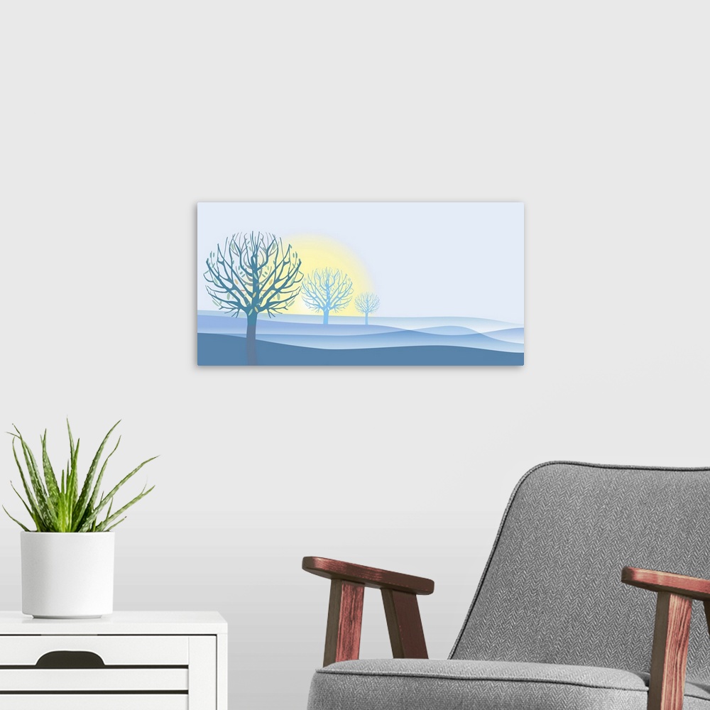 A modern room featuring Misty blue landscape with Autumn trees and sunrise.