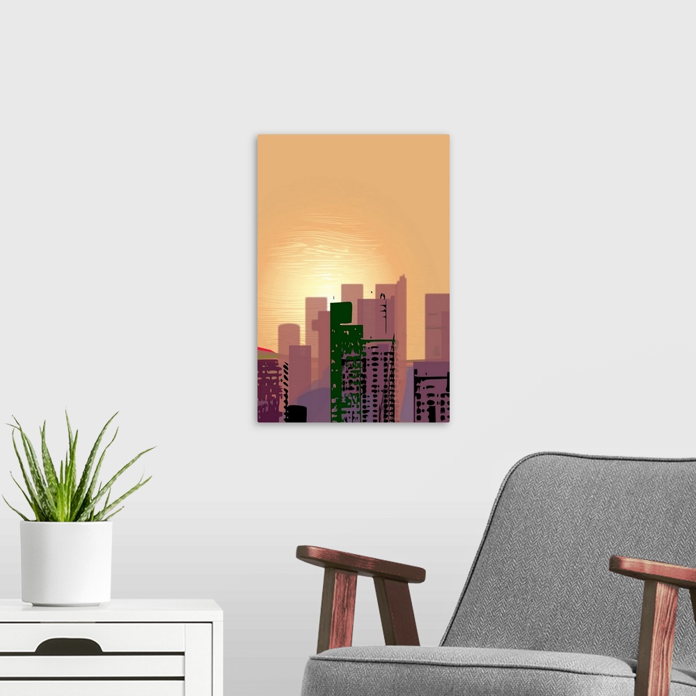 A modern room featuring Sunset over California Street