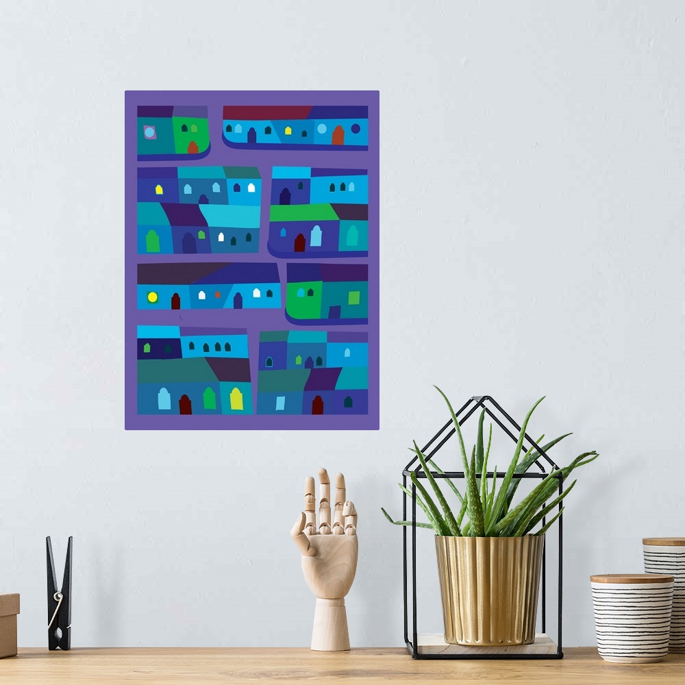 A bohemian room featuring A digital illustration of colorful rows of houses in shades of blue of the neighborhood of Tepito...