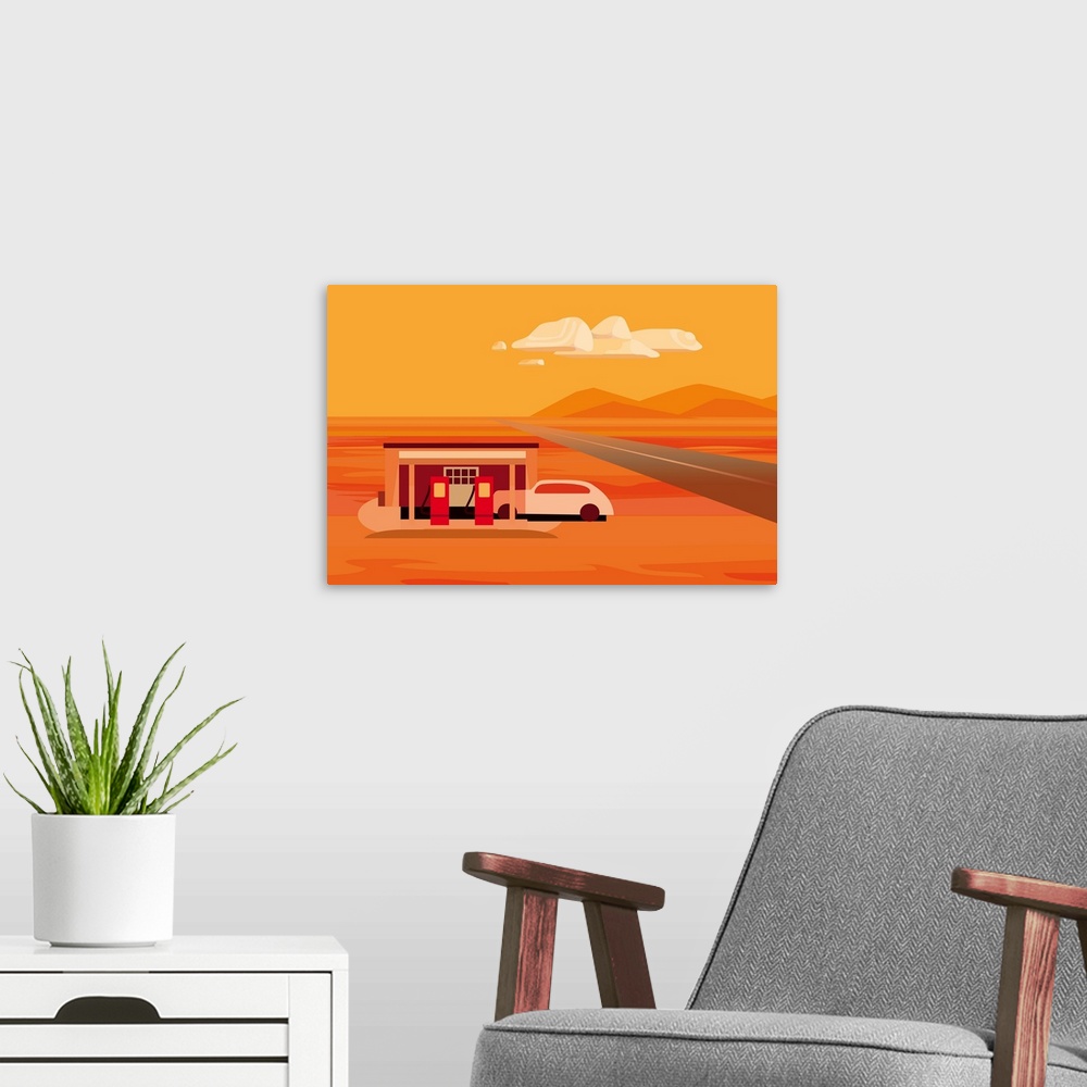 A modern room featuring A digital illustration of a gas station in a desert area of Nevada.