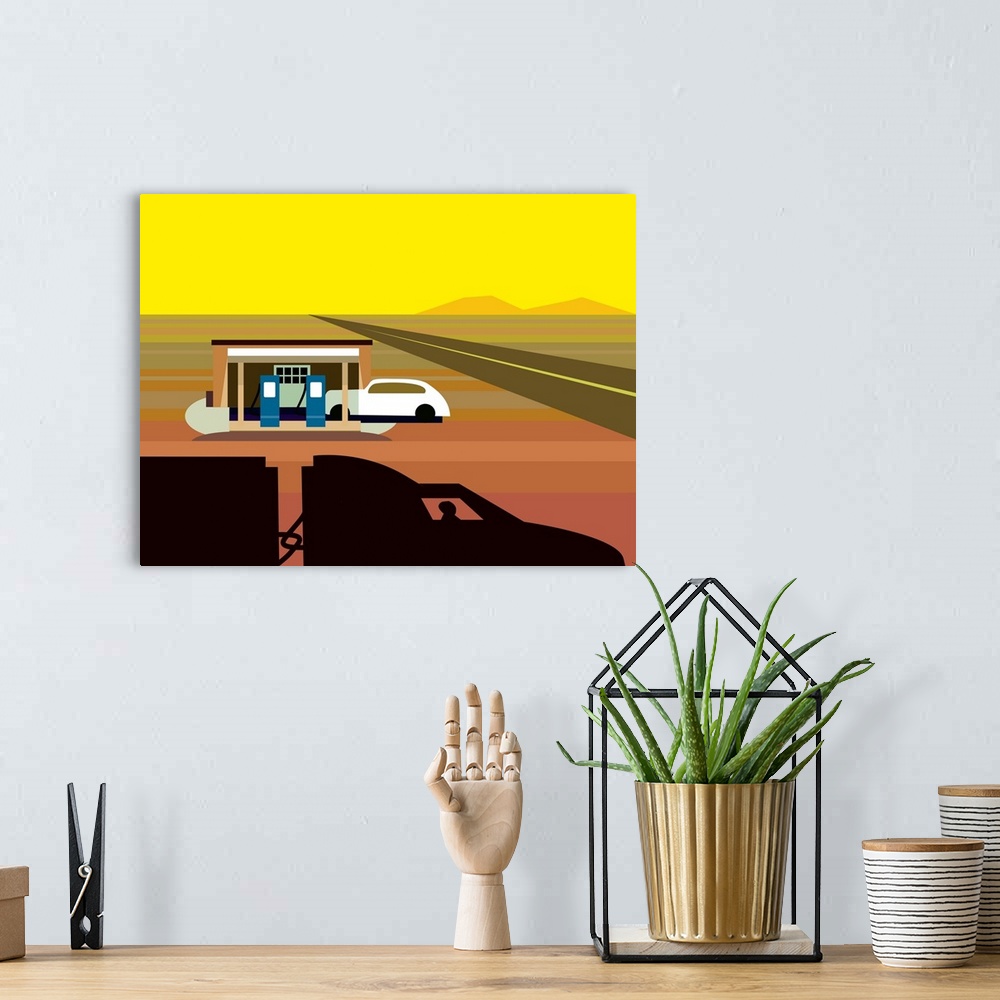 A bohemian room featuring A digital illustration of a gas station in a desert area.