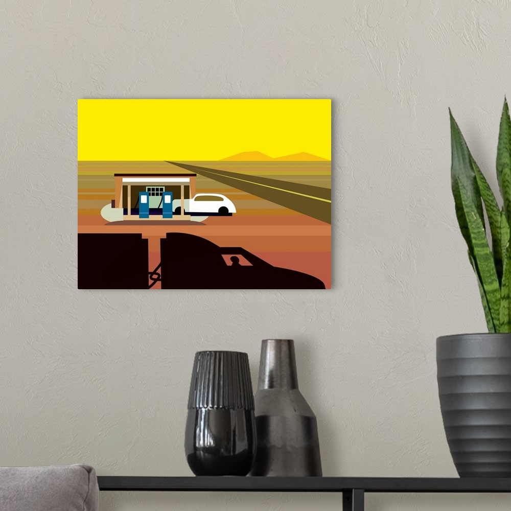 A modern room featuring A digital illustration of a gas station in a desert area.