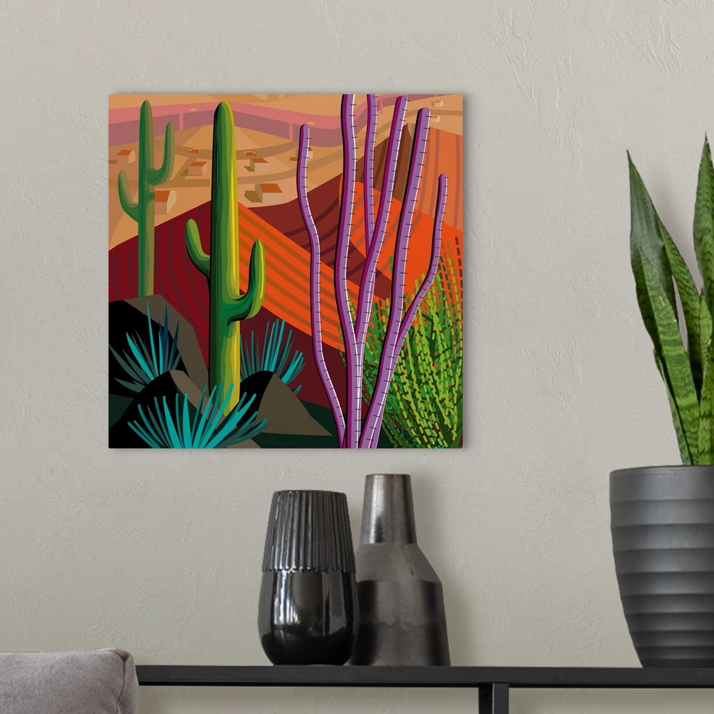 A modern room featuring Square digital illustration in vibrant colors of Tucson, Arizona.