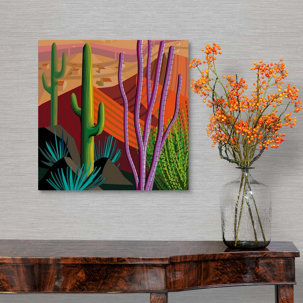 A traditional room featuring Square digital illustration in vibrant colors of Tucson, Arizona.