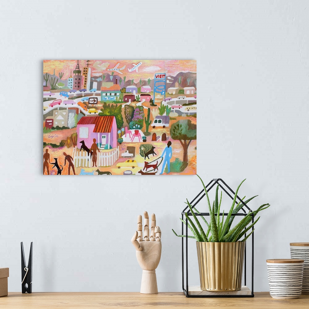 A bohemian room featuring Youthful, dynamic imaginary view of Tucson, Arizona in bright warm colors.