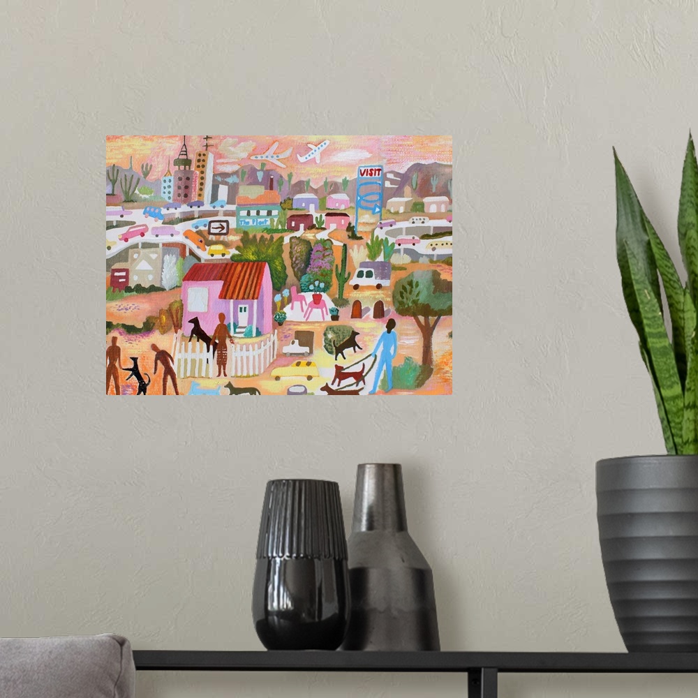 A modern room featuring Youthful, dynamic imaginary view of Tucson, Arizona in bright warm colors.