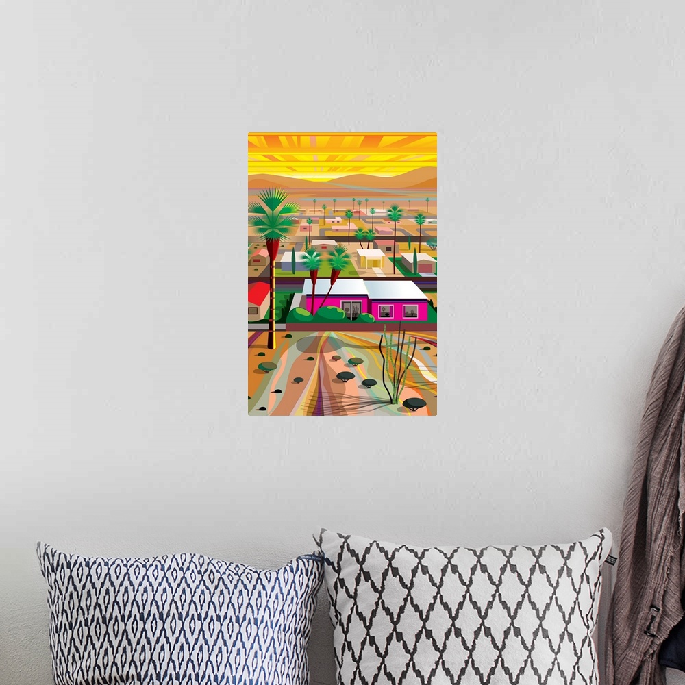 A bohemian room featuring Vertical digital illustration of an Arizona town with homes in the middle of the desert and tall ...