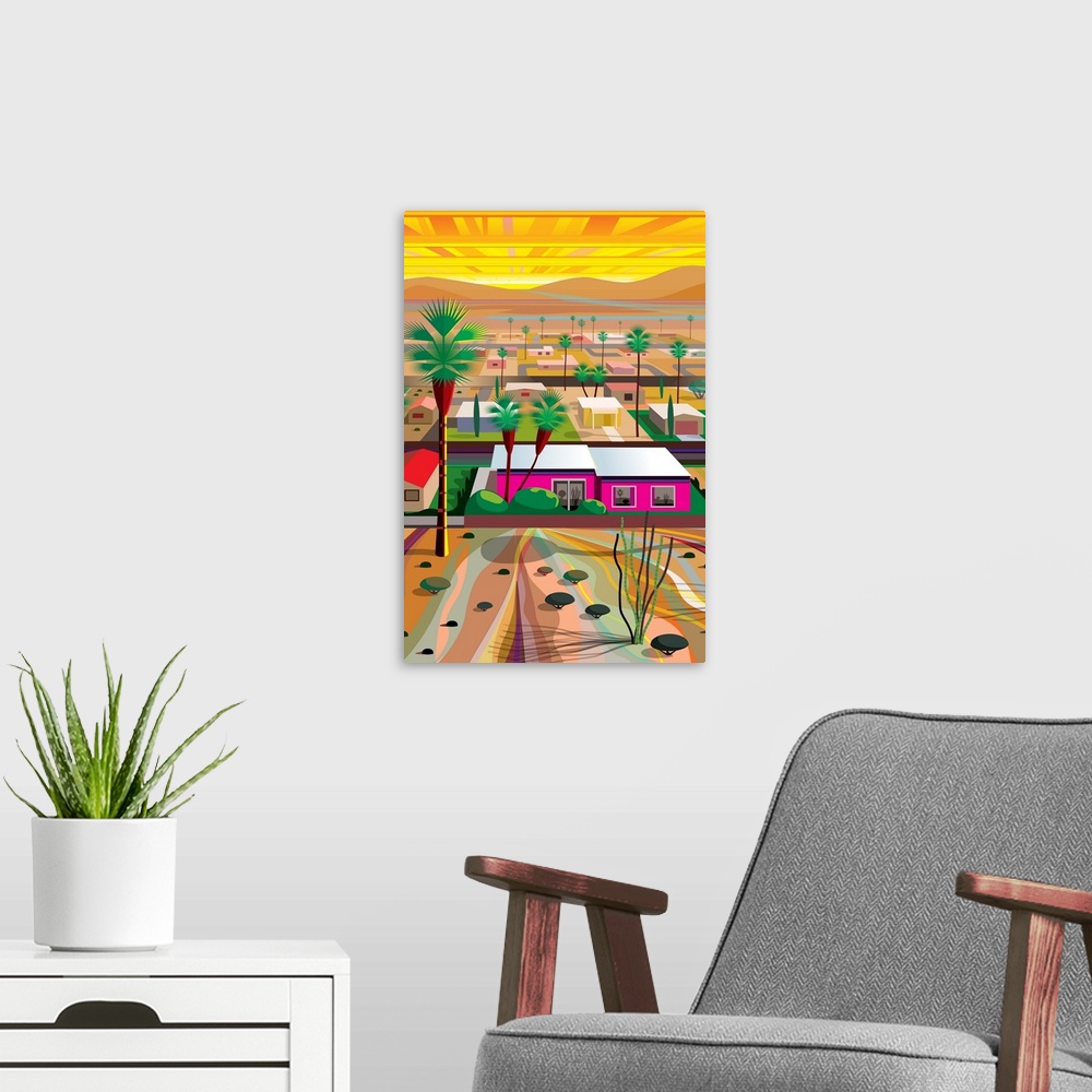 A modern room featuring Vertical digital illustration of an Arizona town with homes in the middle of the desert and tall ...