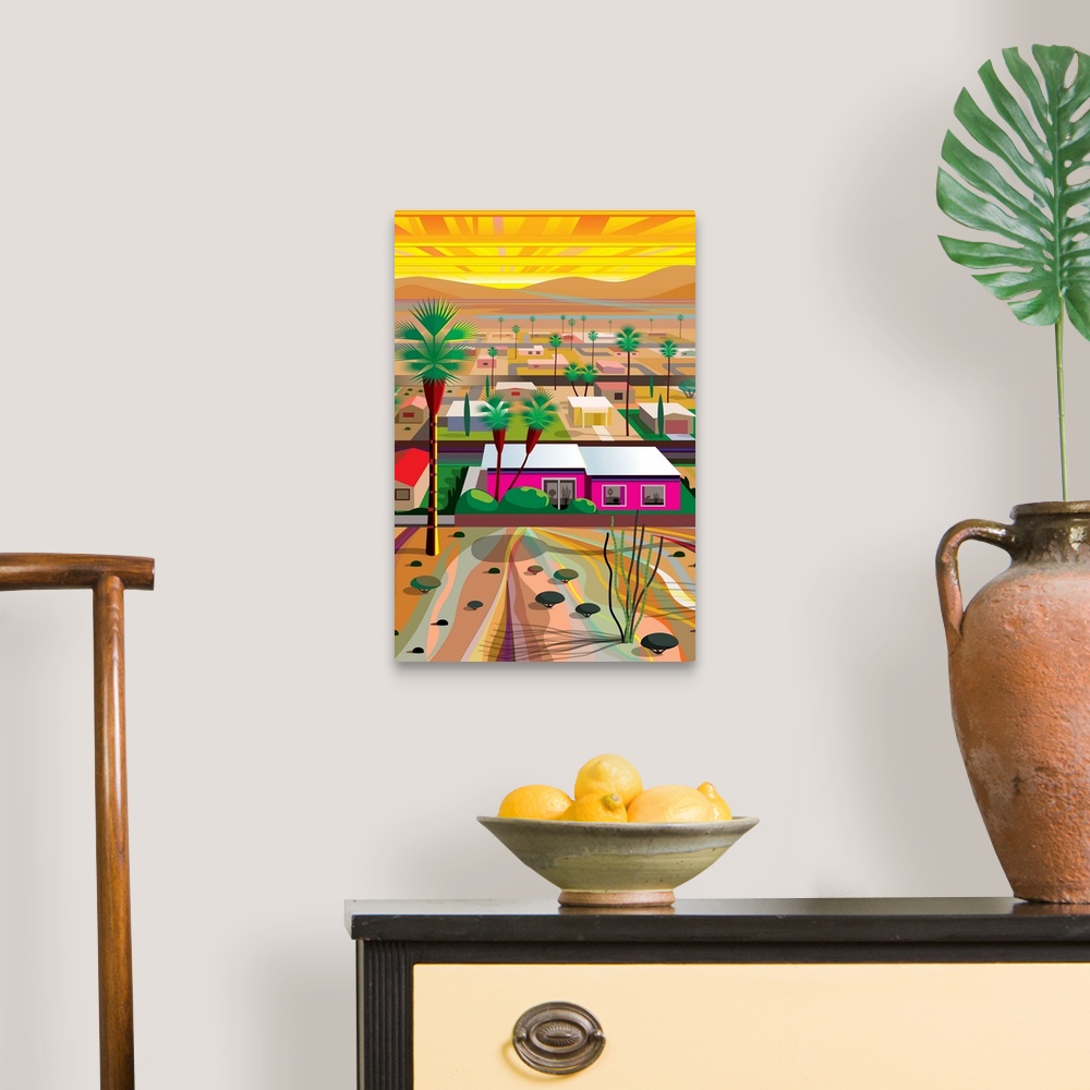 A traditional room featuring Vertical digital illustration of an Arizona town with homes in the middle of the desert and tall ...