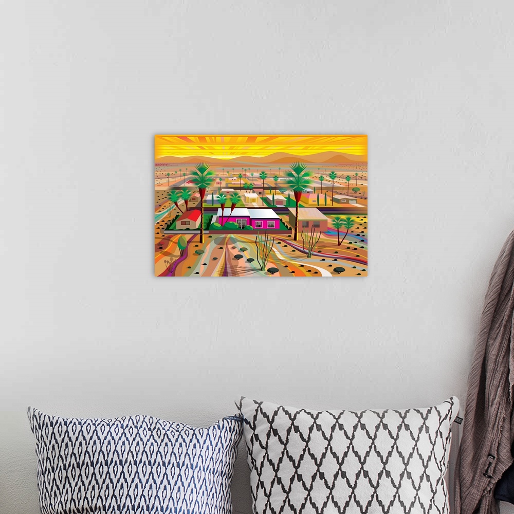 A bohemian room featuring Horizontal digital illustration of an Arizona town with homes in the middle of the desert and tal...