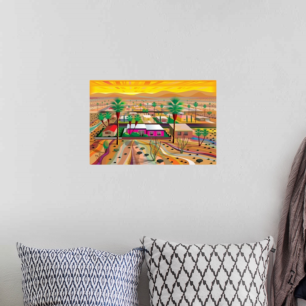 A bohemian room featuring Horizontal digital illustration of an Arizona town with homes in the middle of the desert and tal...