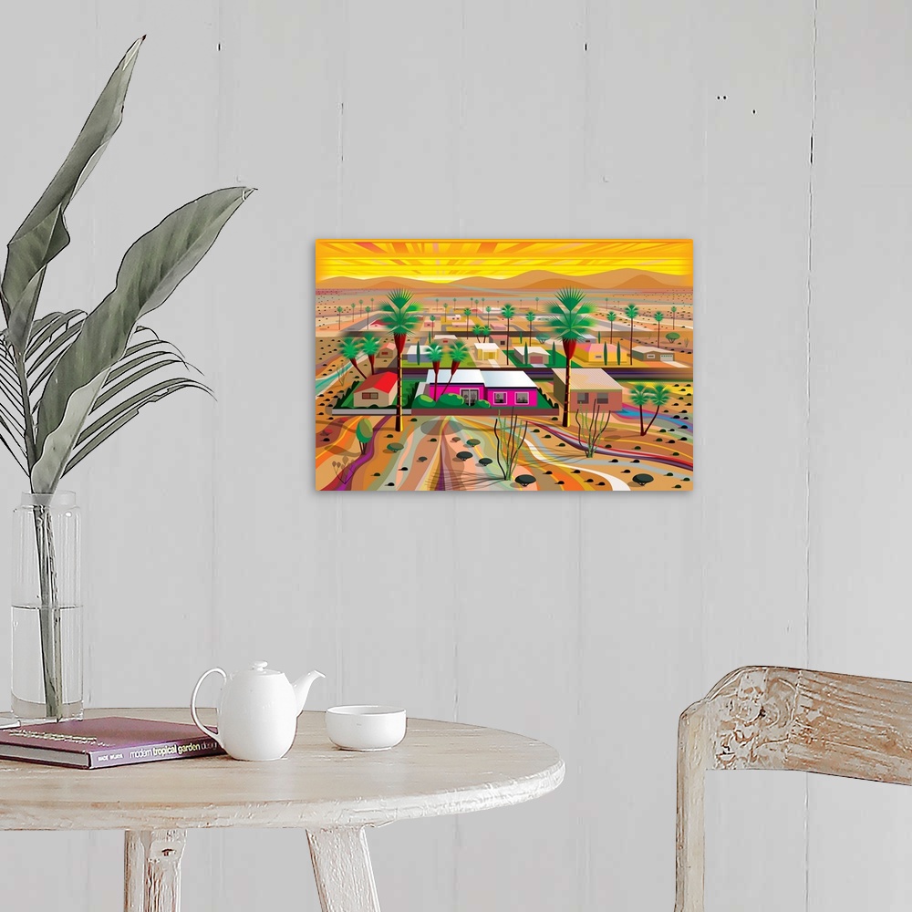 A farmhouse room featuring Horizontal digital illustration of an Arizona town with homes in the middle of the desert and tal...