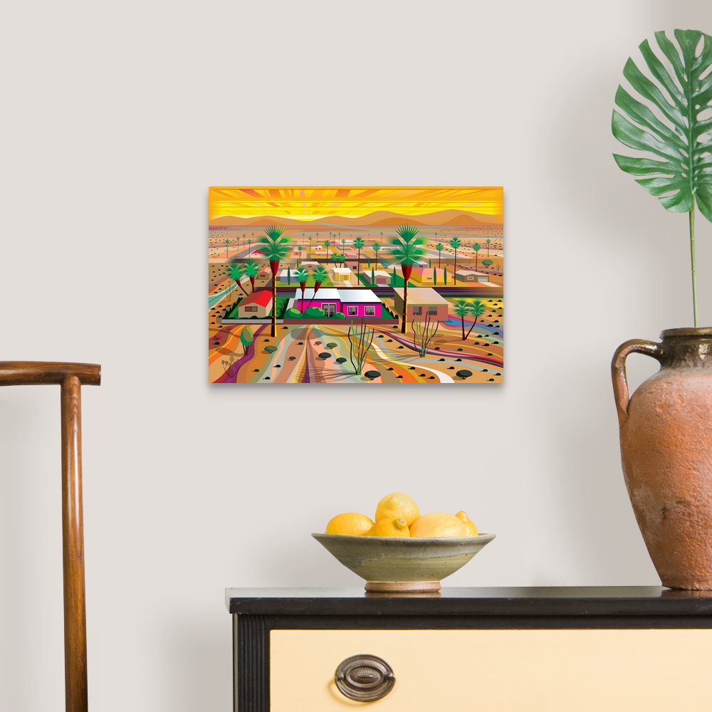 A traditional room featuring Horizontal digital illustration of an Arizona town with homes in the middle of the desert and tal...