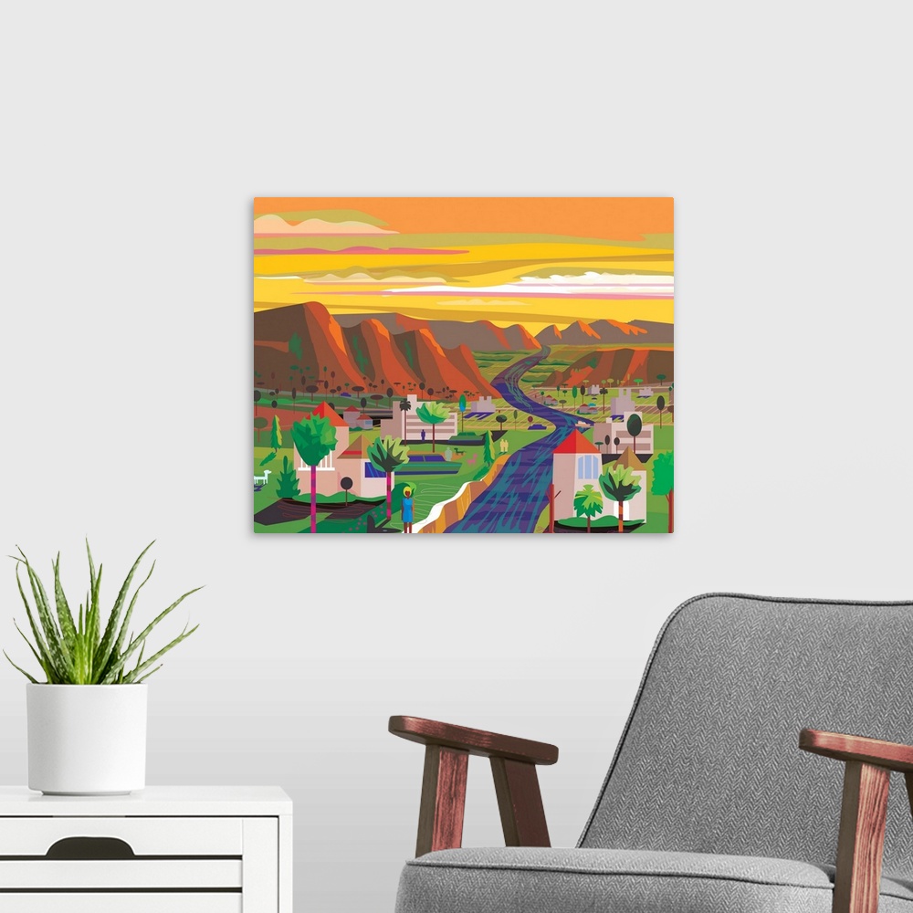 A modern room featuring Lushly stylized landscape of valley and mountain landscape.