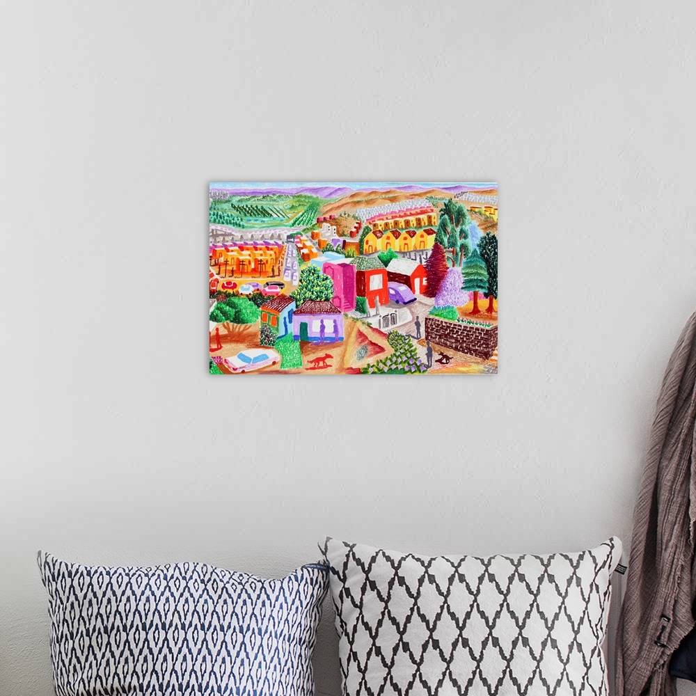 A bohemian room featuring Colorful imaginary view from high point in Tijuana looking out to San Diego oil pastels.