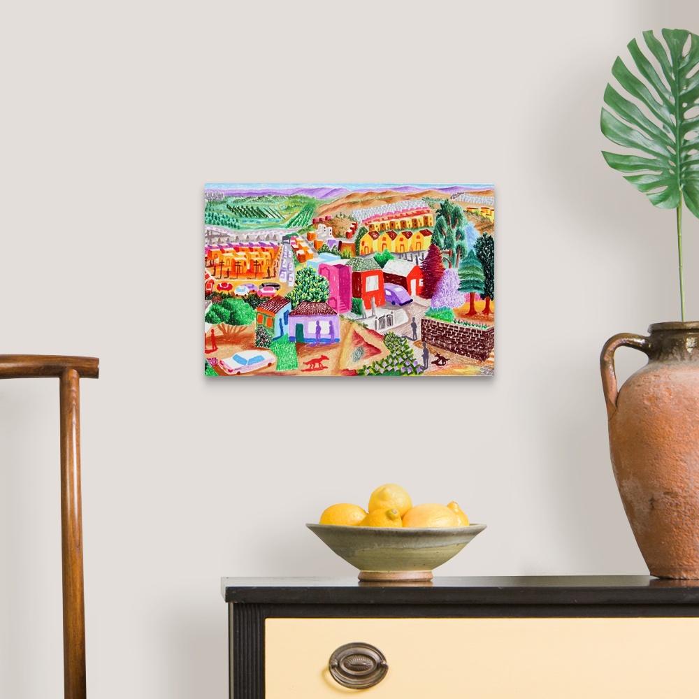 A traditional room featuring Colorful imaginary view from high point in Tijuana looking out to San Diego oil pastels.