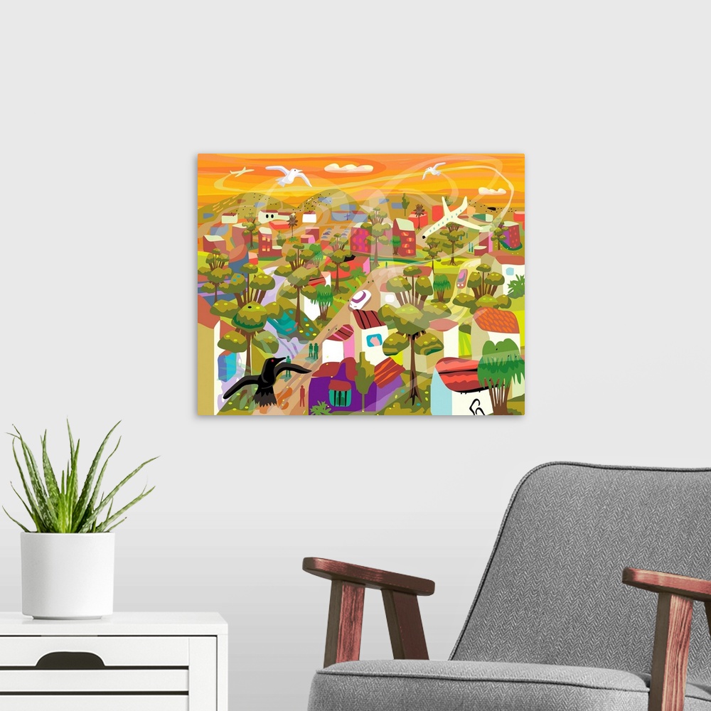 A modern room featuring Village in Movement and Child Like Fantasy