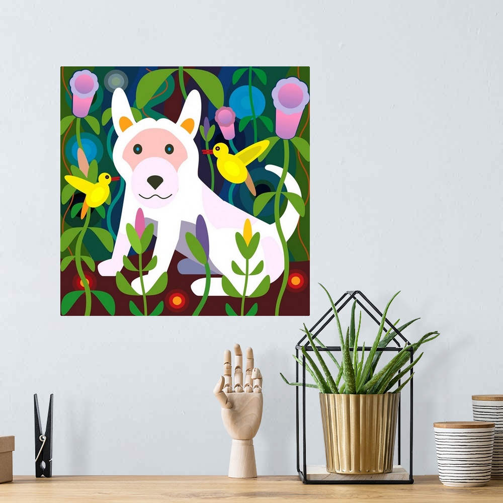 A bohemian room featuring White Dog in Garden (Square)
