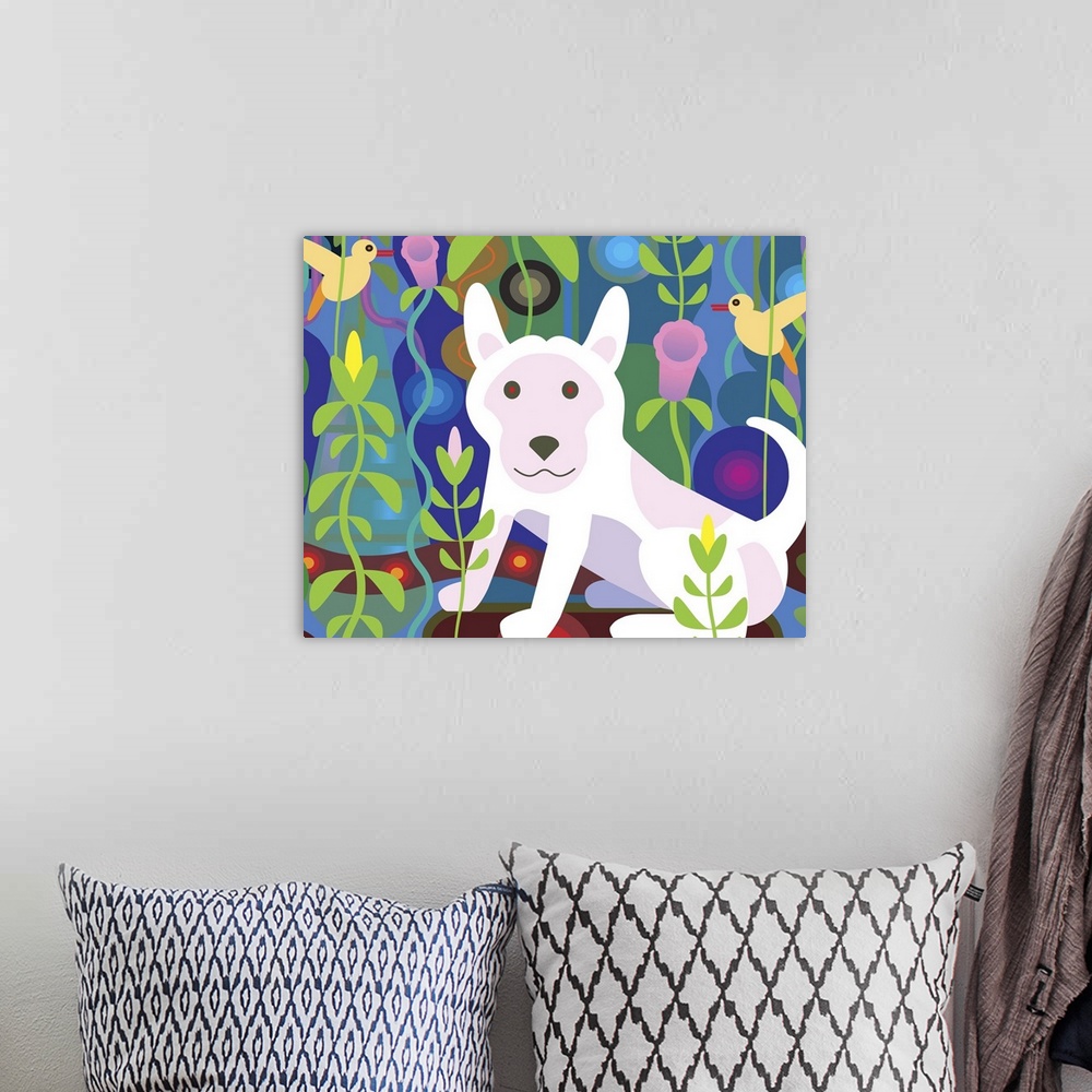 A bohemian room featuring White Dog in Jungle (Horizontal)