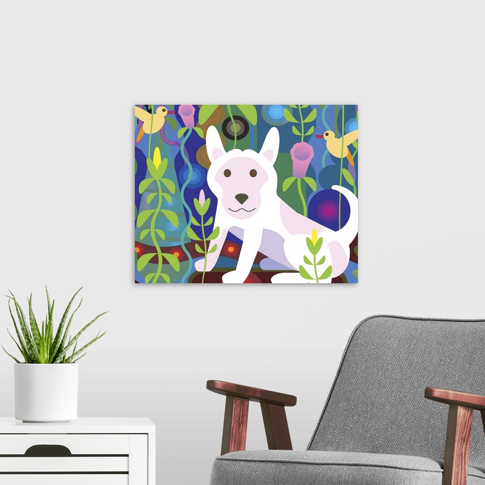 A modern room featuring White Dog in Jungle (Horizontal)
