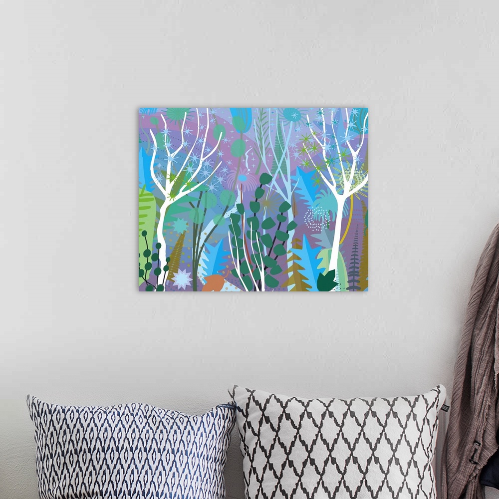 A bohemian room featuring Close up of stylized blowing forest landscape in pastel blues and purples.