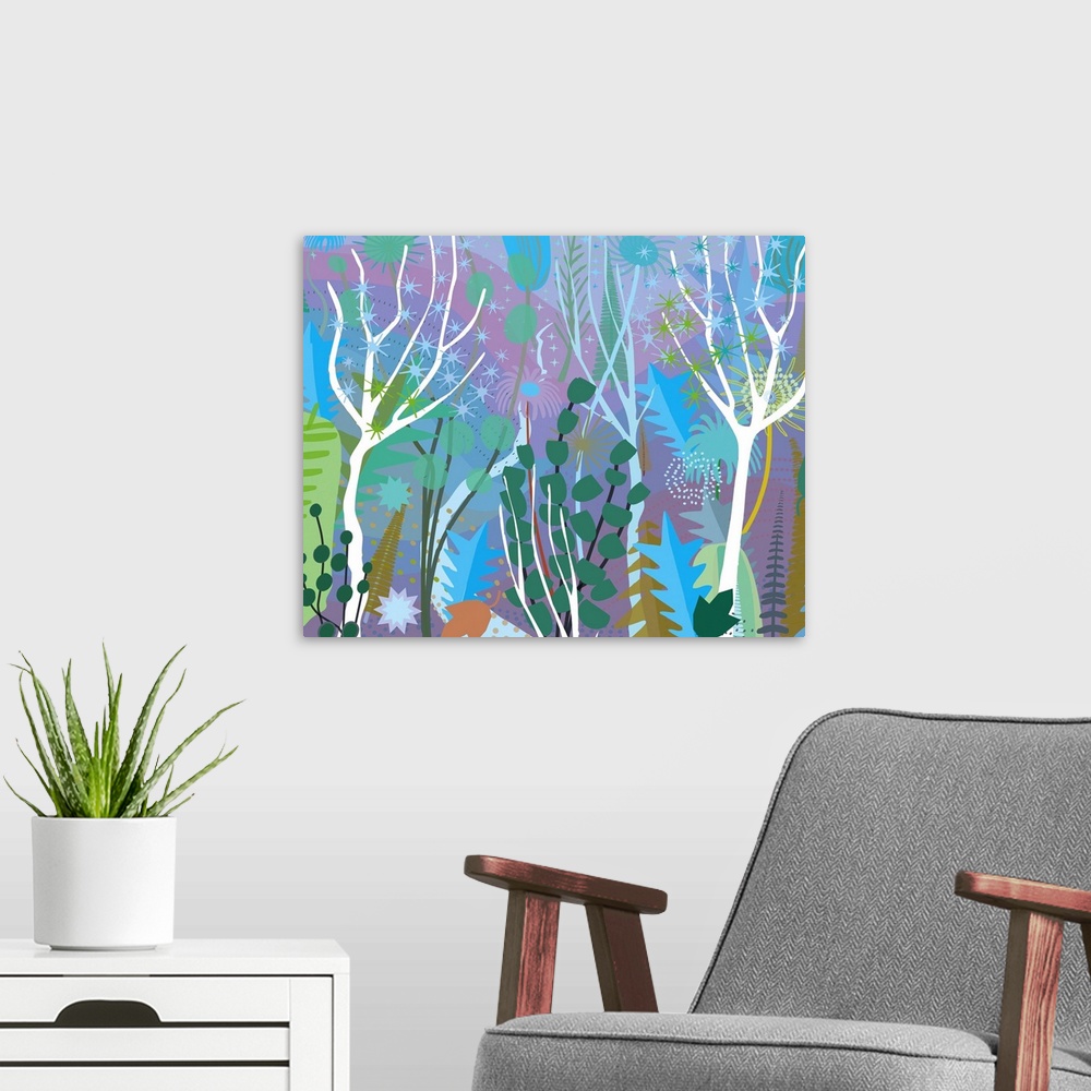 A modern room featuring Close up of stylized blowing forest landscape in pastel blues and purples.