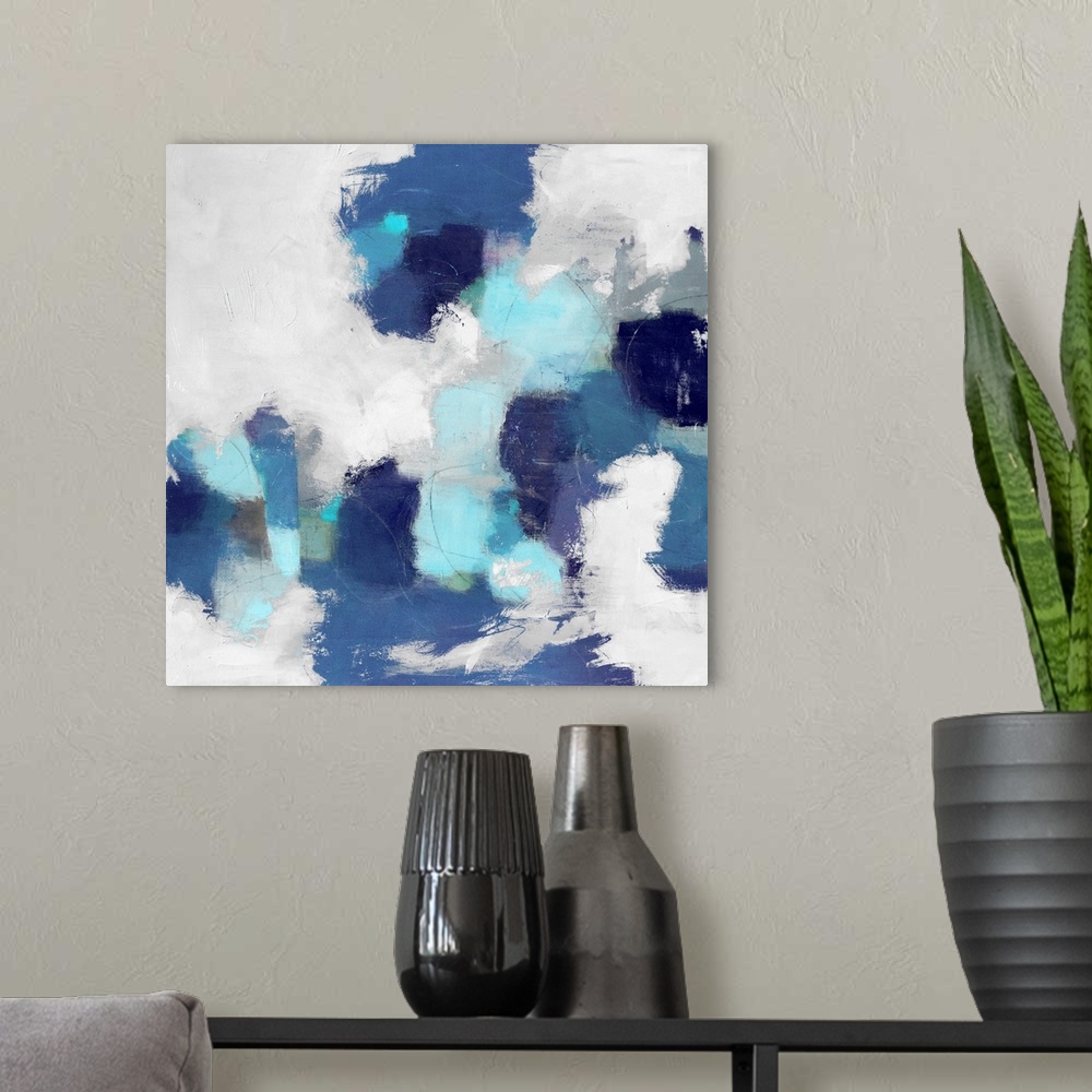 A modern room featuring Abstract Blues And White III