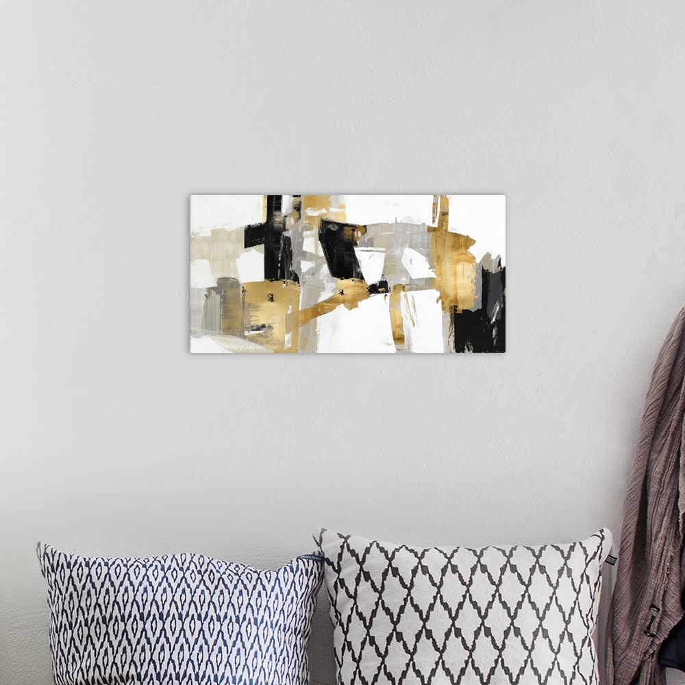 A bohemian room featuring Abstract Collage Black Gold IV